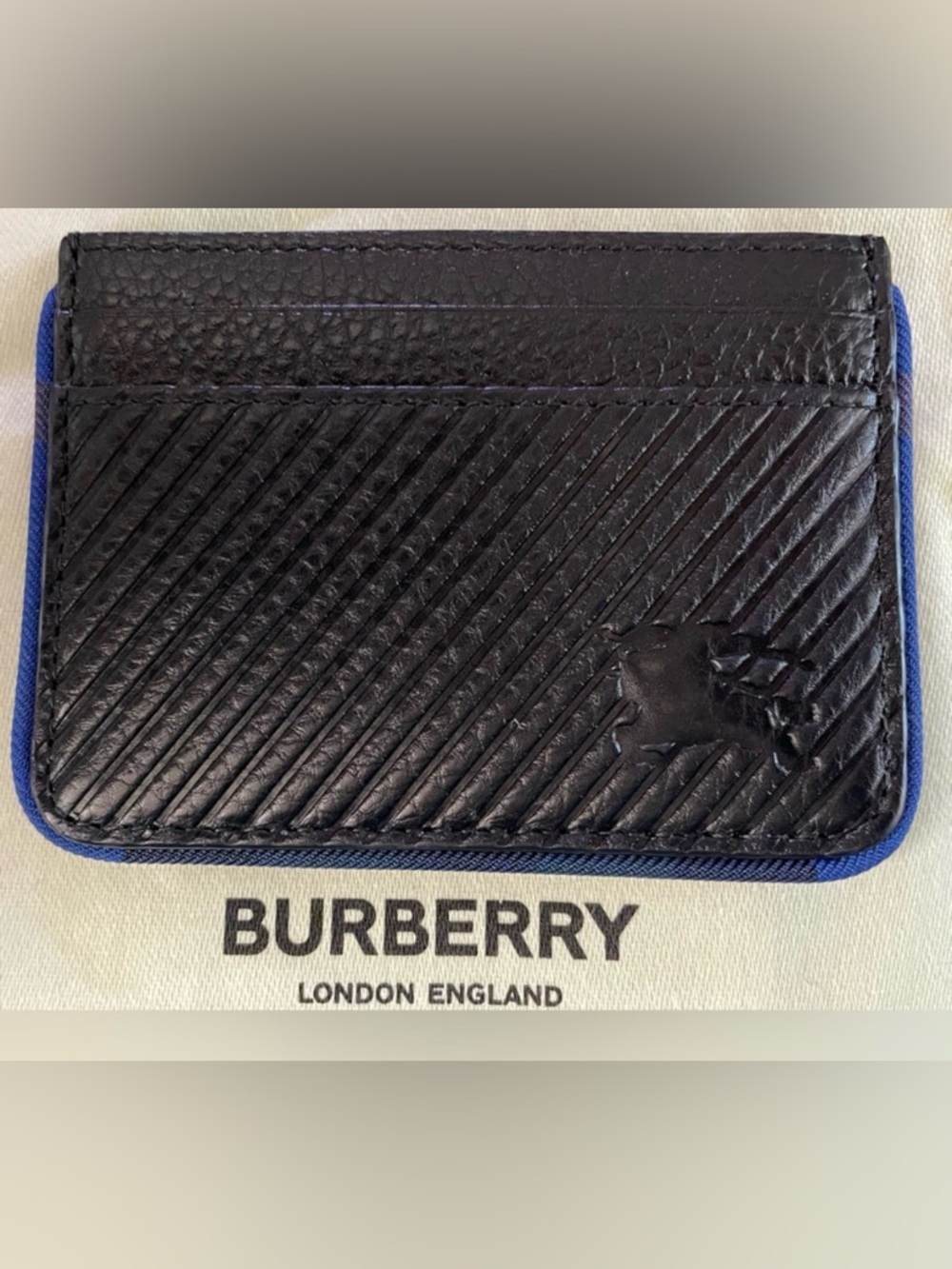 NWT Burberry Heritage EKD Embossed Leather Card Case Black Blue Authentic